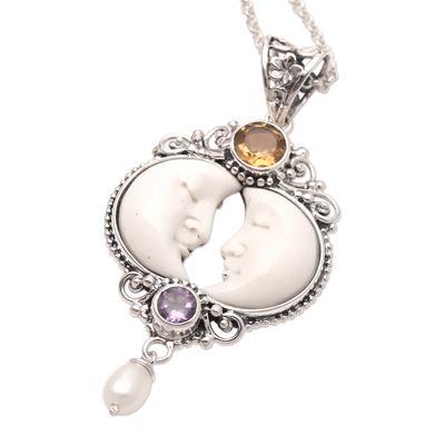 Multi-gemstone pendant necklace, 'Perfect Moment' - Amethyst and Citrine Crescent Moon Pendant Necklace