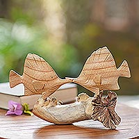 Wood sculpture, 'Angel Fish Kiss' - Jempinis Wood Angel Fish Sculpture