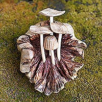 Wood statuette, 'Young Mushrooms' - Hand Carved Balinese Mushroom Statuette