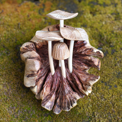 Wood statuette, 'Young Mushrooms' - Hand Carved Balinese Mushroom Statuette