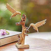 Wood statuette, 'Sharing is Caring' - Hand Carved Bird-Motif Statuette from Bali