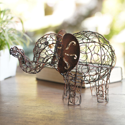 Iron statuette, 'Elephant in the Room' - Wrought Iron Elephant-Themed Statuette