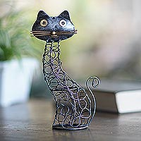 Iron statuette, 'Slinky Cat' - Wrought Iron Black Cat-Themed Statuette