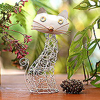 Iron statuette, 'Curious Critter' - Wrought Iron Cat-Themed Statuette from Bali