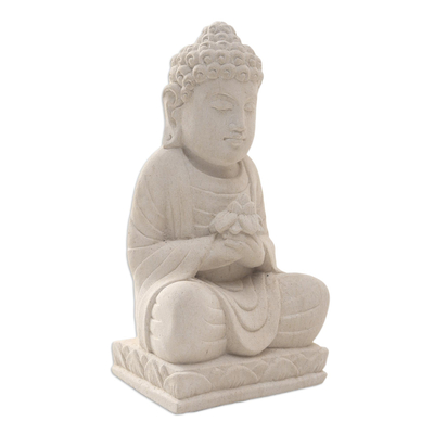 Sandstone statuette, 'Flowering Buddha' - Hand Crafted Sandstone Buddha Statuette from Bali