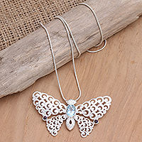 Blue topaz and amethyst pendant necklace, 'Celestial Butterfly'