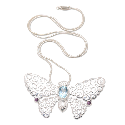 Blue topaz and amethyst pendant necklace, 'Celestial Butterfly' - Sterling and Gemstone Pendant Necklace