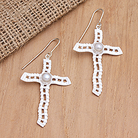 Cultured pearl dangle earrings, 'Faithful Light' - Cultured Pearl Cross-Motif Dangle Earrings