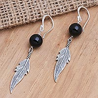 Onyx dangle earrings, 'Black Feathers' - Onyx and Sterling Silver Feather-Motif Dangle Earrings