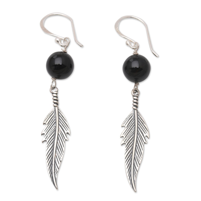 Onyx and Sterling Silver Feather-Motif Dangle Earrings