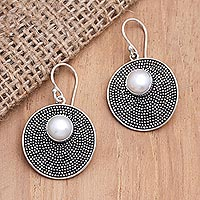 Cultured pearl dangle earrings, 'Lighten Up' - Cultured Pearl and Sterling Silver Dangle Earrings from Bali