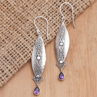 Amethyst dangle earrings, 'In Defense of Hope' - Amethyst and Sterling Silver Dangle Earrings from Bali
