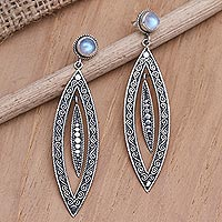 Rainbow moonstone dangle earrings, 'Smoldering Intuition' - Rainbow Moonstone and Sterling Silver Dangle Earrings