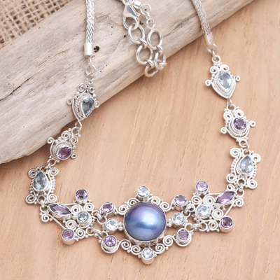 Collar con colgante de Múltiples piedras preciosas - Collar con colgante de topacio azul y perla cultivada