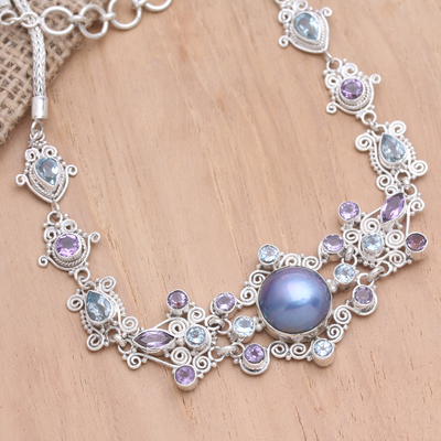 Collar con colgante de Múltiples piedras preciosas - Collar con colgante de topacio azul y perla cultivada