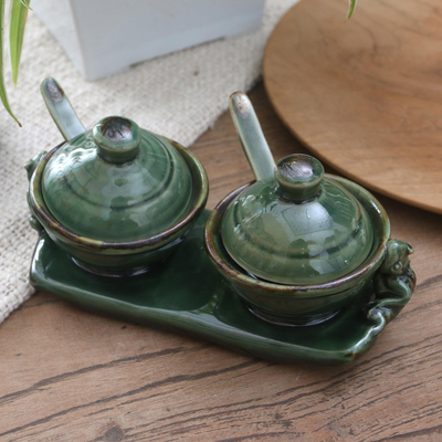 Ceramic condiment set, 'Sacred Frog' (5 pcs) - Handmade Ceramic Frog-Motif Condiment Set (5 Pcs)