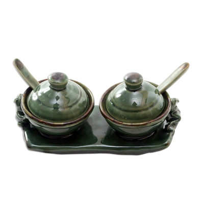 Ceramic condiment set, 'Sacred Frog' (5 pcs) - Handmade Ceramic Frog-Motif Condiment Set (5 Pcs)