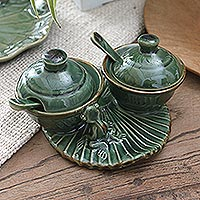 Set de condimentos de cerámica, 'Rana y hoja' (5 piezas) - Set de condimentos de cerámica hechos a mano con motivo de rana (5 piezas)