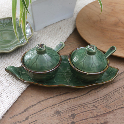 Ceramic condiment set, 'Leafy Surprise' (5 pcs) - Ceramic Leaf-Motif Condiment Set from Bali (5 Pcs)