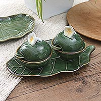 Ceramic condiment set, 'Flavorful Frangipani' (5 pcs) - Handmade Ceramic Frangipani Condiment Set (5 Pcs)