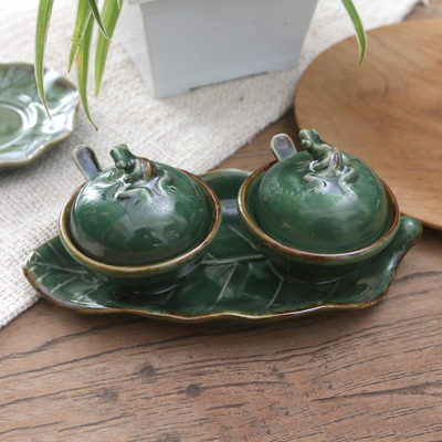 Ceramic condiment set, 'Little Frogs' (5 pcs) - Leaf and Frog Ceramic Condiment Set (5 Pcs)