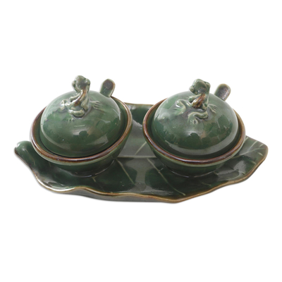 Ceramic condiment set, 'Little Frogs' (5 pcs) - Leaf and Frog Ceramic Condiment Set (5 Pcs)