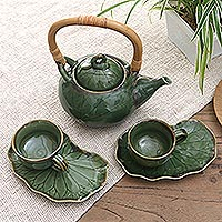 Ceramic tea set for two, 'Sweet Tea' (5 pcs) - Green Balinese Ceramic Tea Set for Two (5 Pcs)