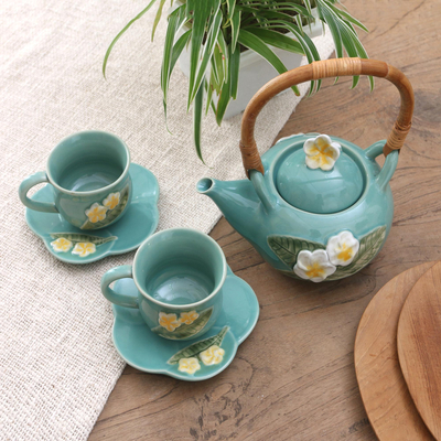 Ceramic tea set for two, 'Frangipani Tea' (5 pcs) - Ceramic Floral-Themed Tea Set for Two (5 Pcs)