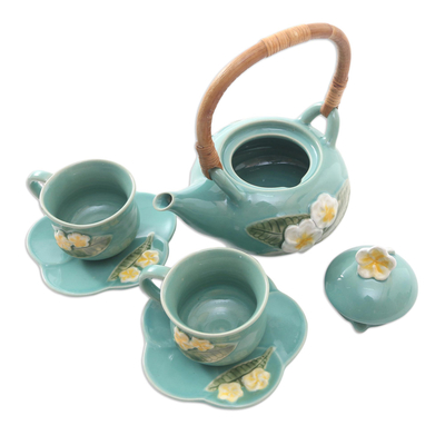 Ceramic tea set for two, 'Frangipani Tea' (5 pcs) - Ceramic Floral-Themed Tea Set for Two (5 Pcs)