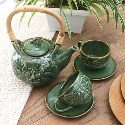 Ceramic tea set for two, 'Barong Tea' (5 pcs) - Ceramic Barong-Themed Tea Set for Two (5 Pcs)