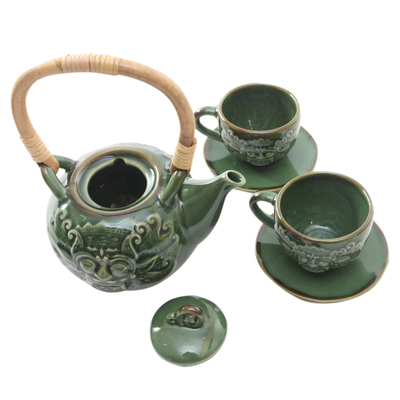 Ceramic tea set for two, 'Barong Tea' (5 pcs) - Ceramic Barong-Themed Tea Set for Two (5 Pcs)