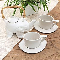 Ceramic tea set for two, 'Elephant Tea' (5 pcs) - Ceramic Elephant-Themed Tea Set for Two (5 Pcs)