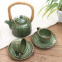 Ceramic tea set for two, 'Traditional Tea' (5 pcs) - Ceramic and Bamboo Tea Set for Two (5 Pcs)