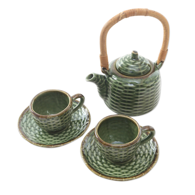 Keramik-Teeservice für zwei, (5 Stück) - Teeservice aus Keramik und Bambus für zwei Personen (5-teilig)