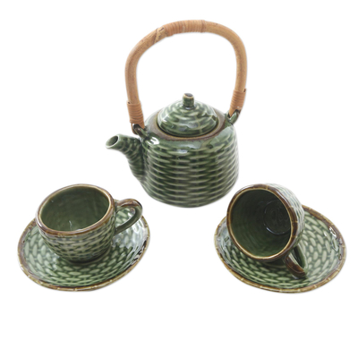 Ceramic tea set for two, 'Traditional Tea' (5 pcs) - Ceramic and Bamboo Tea Set for Two (5 Pcs)