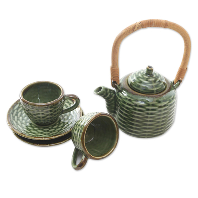 Keramik-Teeservice für zwei, (5 Stück) - Teeservice aus Keramik und Bambus für zwei Personen (5-teilig)