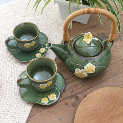 Ceramic tea set for two, 'Forest Frangipani' (5 pcs) - Ceramic Tea Set for Two with Bamboo Accent (5 Pcs)
