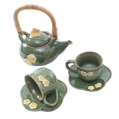 Juego de té de cerámica para dos, (5 piezas) - Juego de té de cerámica para dos con detalle de bambú (5 piezas)