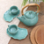 Ceramic tea set for two, 'Warm Tea in Teal' (5 pcs) - Handmade Ceramic and Bamboo Tea Set for Two (5 Pcs) thumbail