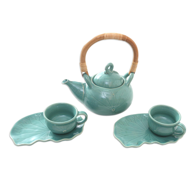 Ceramic tea set for two, 'Warm Tea in Teal' (5 pcs) - Handmade Ceramic and Bamboo Tea Set for Two (5 Pcs)