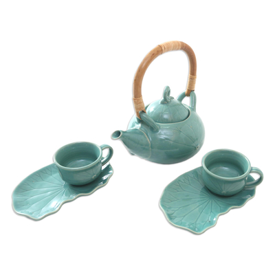 Juego de té de cerámica para dos, (5 piezas) - Juego de té de cerámica y bambú hecho a mano para dos (5 piezas)