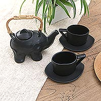 Ceramic tea set for two, 'Tea with Elephants' (5 pcs) - Black Ceramic and Bamboo Elephant Tea Set (5 Pcs)