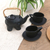 Keramik-Teeservice für zwei, (5 Stück) - Elefanten-Teeservice aus schwarzer Keramik und Bambus (5-teilig)