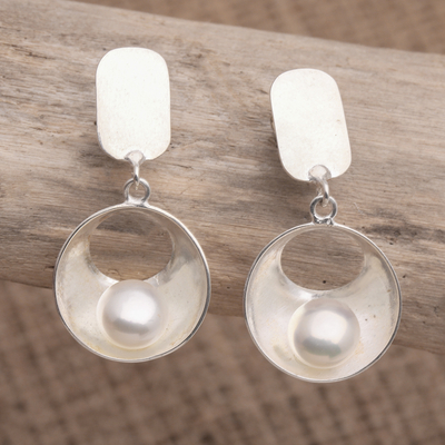 Cultured pearl dangle earrings, 'Lucky Break' - Pearl and Sterling Silver Dangle Earrings from Bali