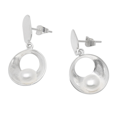 Cultured pearl dangle earrings, 'Lucky Break' - Pearl and Sterling Silver Dangle Earrings from Bali