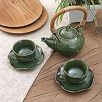 Ceramic tea set for two, 'Honeymoon Tavern' (5 pcs) - Green Ceramic and Bamboo Tea Set for Two (5 Pcs)