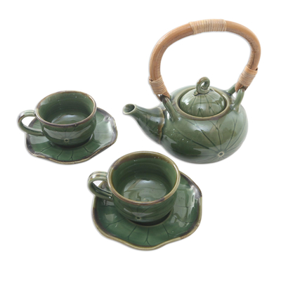 Juego de té de cerámica para dos, (5 piezas) - Juego de Té de Cerámica Verde y Bambú para Dos (5 Piezas)