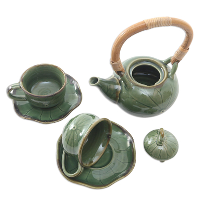 Juego de té de cerámica para dos, (5 piezas) - Juego de Té de Cerámica Verde y Bambú para Dos (5 Piezas)