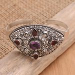 Garnet and amethyst cuff bracelet, 'Elephant Cave in Red' - Handmade Garnet and Amethyst Cuff Bracelet