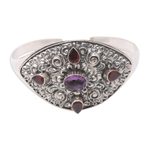 Garnet and amethyst cuff bracelet, 'Elephant Cave in Red' - Handmade Garnet and Amethyst Cuff Bracelet